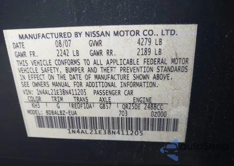 2008 Nissan Altima 2.5/2.5S z USA, uszkodzony, nr VIN 1N4AL21E38N411205